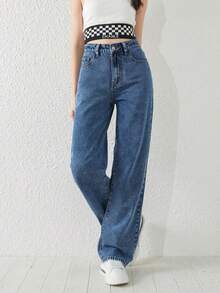 Calça Jeans Denim Reto de Lavagem Azul Simples e Versátil para Adolescentes meninas - Lavagem Média - Visão 4