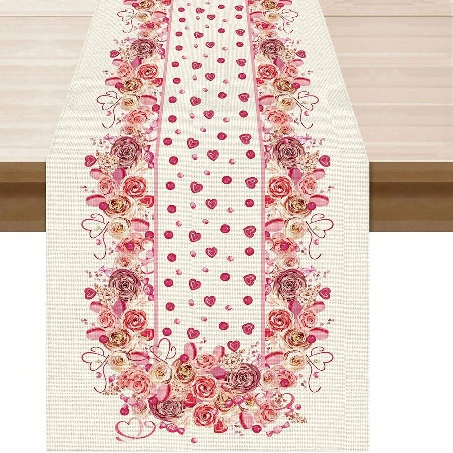Romantic Valentine's Day Pink Rose Heart Candy Table Runner, Table Decoration For Home Kitchen Restaurant Dinner Indoor Holiday Farmhouse Decoration - Pink - View 1