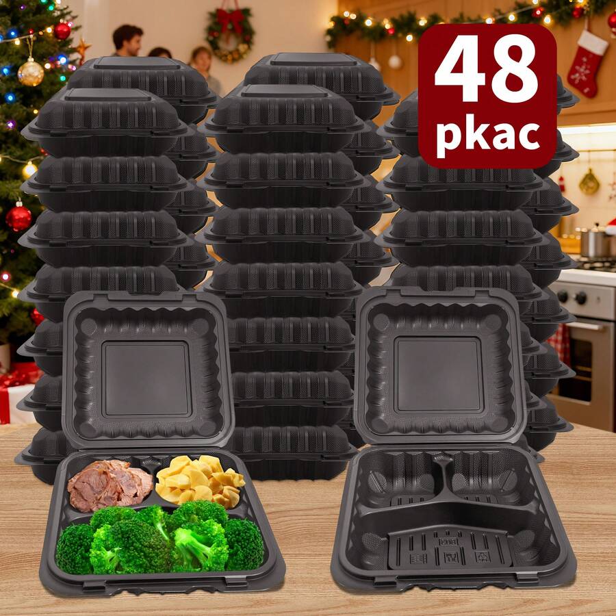 Lunch Box Is Reusable [48 Sets, Black 3 Compartments], Plastic Food Preparation Container, Made Of PP Material, Reusable, Can Be Put In Dishwasher, Microwave Oven & Freezer, Suitable For Food Preparation, Christmas Parties, Halloween Events, Gifts, Kitchen. - 規格 - 查看 1
