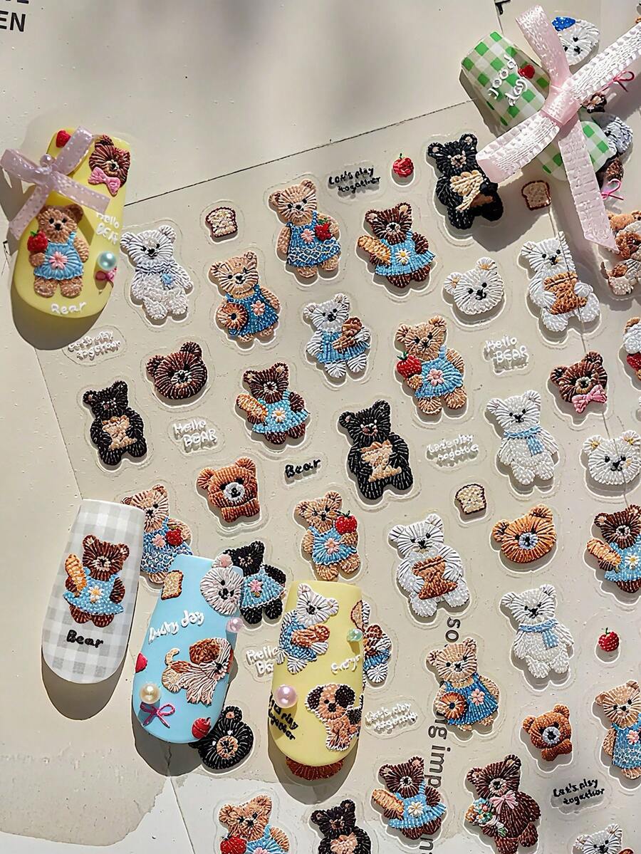 1pc Elegant Embroidered Bear Nail Art Sticker - Ballet Style Bear Design, Suitable For DIY Fashionable Nails, Perfect For Autumn/Winter Nail DIY