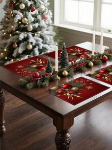 1/4/6/8/12 Stücke, Weihnachten 12.6x16.54 Inch Tischsets für Feiertage, festliches Leinen Tischset, Weihnachtsholunder & rote Kugeln mit goldenem Schleifenaufdruck, rechteckige Tischsets für Innen- & Außenbereich, leicht zu reinigen & aufzubewahren, nur Handwäsche