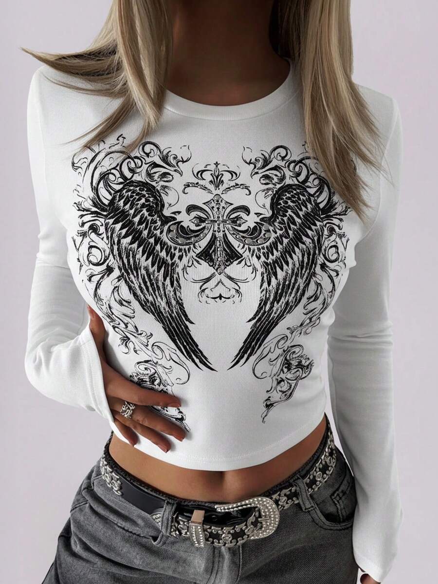 Ropa de primavera/verano para mujer Elaveea, camiseta blanca con estampado de alas de ángel, elegante y cómoda, parte superior casual con diseño de rhinestones, blusa de manga larga blanca de cuello redondo, adecuada para uso diario, vacaciones, citas, viajes, Navidad, Año Nuevo/San Valentín/atuendo para fiestas, ropa exterior para mujer - Blanco - Ver 1