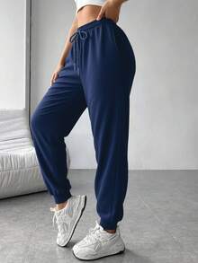 Pantalones Largos de Moda para Mujer - Cómodos y Casual con Bolsillos y Cintura Ajustable con Cuerda - Perfectos para el Día a Día - azul real - Ver 3