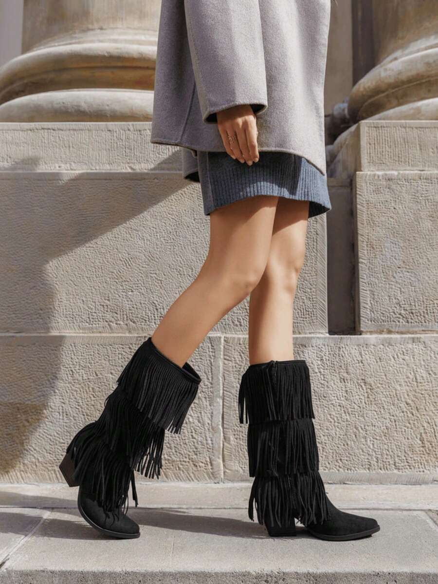 Bottes Hautes à Franges Effet Daim – Style Western Chic - Black - View 1