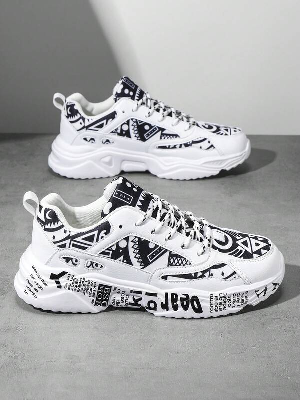 Zapatillas deportivas multicolor versátiles con estampado geométrico aleatorio y parches para hombres, moda con cordones, cómodas y ligeras para deportes al aire libre, zapatos de pareja