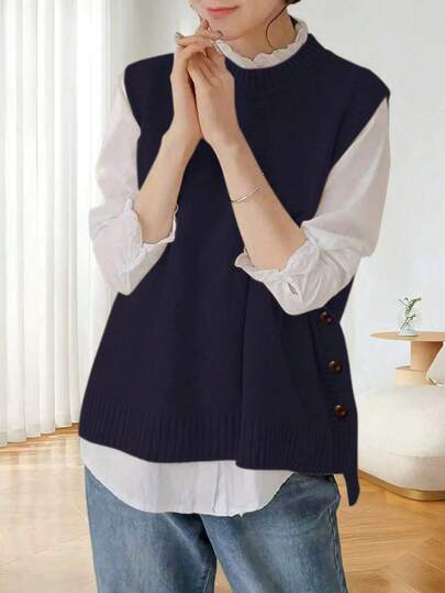 Áo len cổ tay ấm áp - Áo len dệt kim mềm mại, không tay, màu trơn cho mùa xuân và mùa thu, trang phục thường ngày thoải mái cho phụ nữ mặc hàng ngày