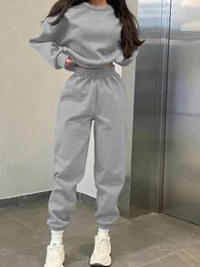 Set de 2 piezas de mujer con sudadera con capucha y pantalones de chándal de unicolor, para otoño/invierno - Gris - Ver 1