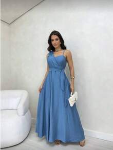 Women's Long Dress With Wrap Neckline And Lastex Cup - Elegant For Parties, Weddings And Special Events - Màu xanh bụi bặm - Xem 2