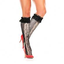 Benefeet Sox Lace Knee High Socks Women Girls Patterned Mesh Fishnet Knee High Stockings Hollow Calf Lolita Sock{"Color_name":"Black-LaceRuffleFloralPattern"} - 黑色蕾絲荷葉邊花卉圖案 - 查看 4