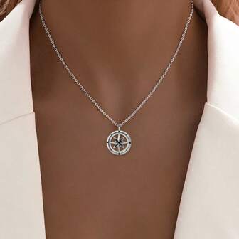 1 Stück 925 Silber Kompass & Achteck Cut Out Halskette, personalisierter Schmuck geeignet für Urlaub, Alltagstragen, Geschenk für Familie, Freunde, Weihnachten, Halloween, Valentinstag, Geburtstag
