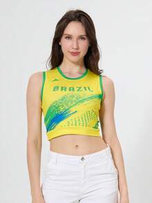 Brazil Football Style Casual Women Tight Fit Camisole, Suitable For Daily Wear, Parties, Music Festivals, Football Cheerleading - Yellow - View 2
