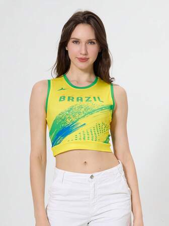 SURUIDA Brazil Football Style Casual Women Tight Fit Camisole, Suitable For Daily Wear, Parties, Music Festivals, Football Cheerleading