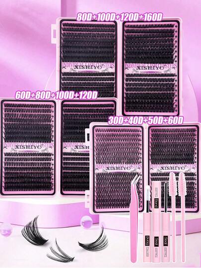 640/576PCS Clusters de cílios individuais de alta capacidade 30D + 40D + 50D + 60D + 80D + 100D + 120D + 160D D Curl 9-16mm Clusters de cílios faça você mesmo, aparência natural, extra grossos, finos, ultra macios e super leves, cílios postiços individuais segmentados reutilizáveis, kit de extensão de cílios com ferramentas de maquiagem, colagem e selagem, pinças de cílios e pincel de cílios para uso próprio em casa ou em qualquer lugar, para a vida diária, casamento, namoro, festa, festival de música, viagens e primavera, kit de clusters de cílios, cílios, cílios postiços
