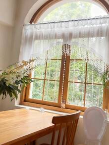 1pc Beaded Arched Lace Door Curtain Valance With Tassel White Pompoms Pattern Princess Style Sheer Short Cafe Curtain For Kitchen Bathroom Window Rod Pocket Top - White - View 2