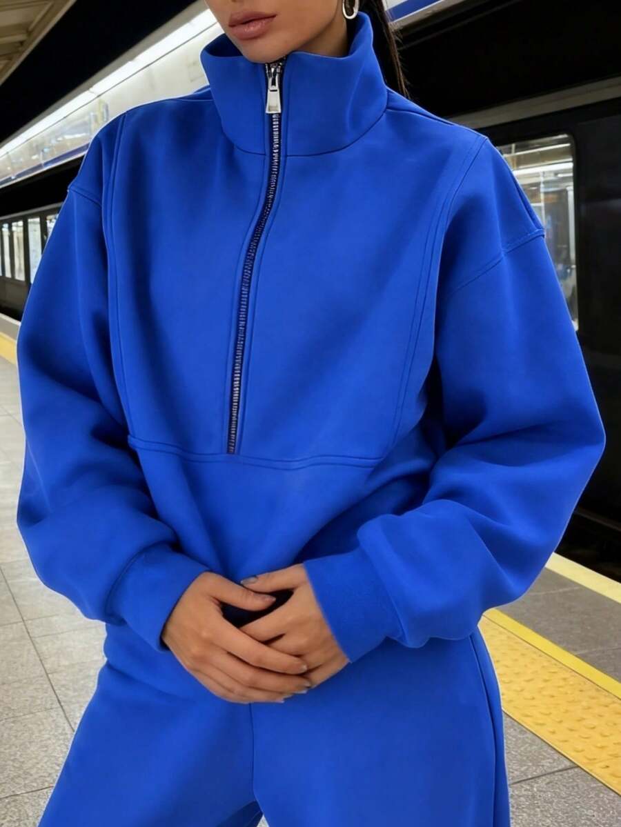 Women's New Half-Zip Stand-Up Collar Sports Two-Piece Suit, Casual Sweatshirt + Pants Suit, Sports Style Elastic Waist Sports Two-Piece Suit - Blue - View 1