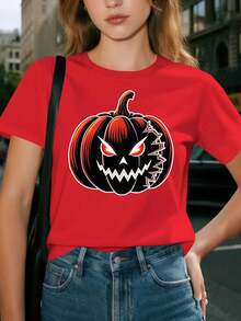 Camiseta gráfica de Halloween para mujer - Calabaza espeluznante con ojos rojos - Ropa suave para todos los días y fiesta de Halloween - Camiseta casual de manga corta para mujer - Ajuste cómodo para todo el año, Ropa de Halloween, Atuendo festivo, Diseño divertido, Tejido cómodo, Moda de temporada, Patrón geométrico, Material transpirable, Top estampado, Amantes de la moda, Top para mujer, Crop top para mujer, Camiseta para mujer, Camisas para mujer, Camiseta de manga larga para mujer - Rojo - Ver 2