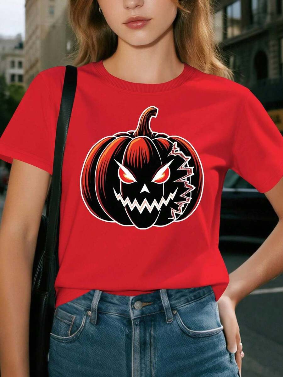 Camiseta gráfica de Halloween para mujer - Calabaza espeluznante con ojos rojos - Ropa suave para todos los días y fiesta de Halloween - Camiseta casual de manga corta para mujer - Ajuste cómodo para todo el año, Ropa de Halloween, Atuendo festivo, Diseño divertido, Tejido cómodo, Moda de temporada, Patrón geométrico, Material transpirable, Top estampado, Amantes de la moda, Top para mujer, Crop top para mujer, Camiseta para mujer, Camisas para mujer, Camiseta de manga larga para mujer