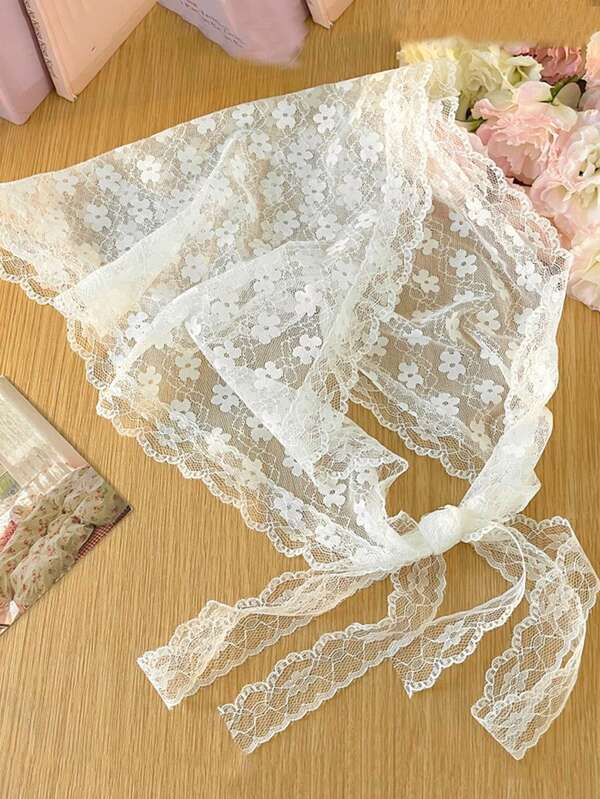 1 pieza Pañuelo rectangular con lazo de encaje para mujer, elegante y versátil, con estampado floral, banda para el cabello de invierno de poliéster cálido, accesorios para el cabello de mujer, pañuelos suaves para la cabeza