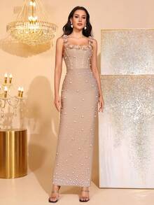 Đầm ôm body dài hở lưng, cổ vuông, dây mảnh, đính đá lấp lánh, đính ngọc trai thủ công, trang trí hoa 3D, đầm dạ hội trang trọng dành cho nữ, thích hợp cho tiệc sinh nhật, tiệc tối trang trọng, lễ hội hóa trang, lễ Phục sinh - Màu Khaki - Xem 3