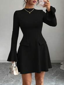 PRETTYGARDEN Women's Long Sleeve Elegant  Mini Dress Fall Bodycon Mock Neck Elegant Business Work Party Short Dresses New Years Valentine Vacation - 黑色 - 查看 1