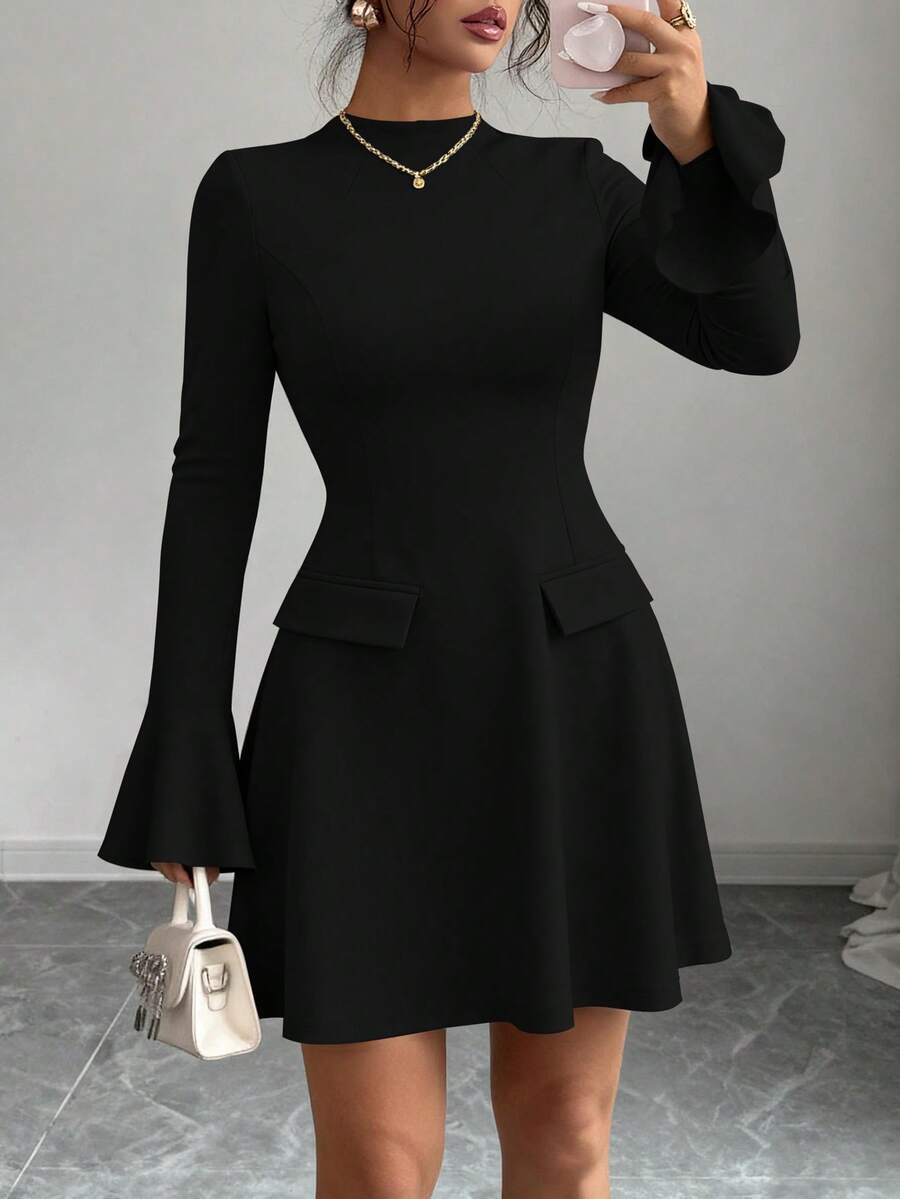 PRETTYGARDEN Women's Long Sleeve Elegant Mini Dress Fall Bodycon Mock Neck Elegant Business Work Party Short Dresses New Years Valentine Vacation - 黑色 - 查看 1