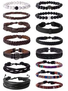 15 piezas Conjunto de pulseras versátiles de moda para hombres - Diseños de cuentas, madera, cuero, trenzado y tejido en estilos retro, punk y bohemio para uso diario y ocasiones