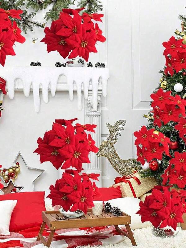 6pcs/20pcs Christmas Artificial Red Poinsettia Flower With Stems Winter Silk Fake Floarl Wedding Decorations Bride Holding Flower Basket Decoration Birthday Party Party Site Decor Home Dining Room Living Room Bedroom Window Sill Decoration Vine Valentine's Day New Year Ornaments Indoor Outdoor Garden,Room,Desk,Halloween,Christmas Tree Diy,Xmas Room Decor Stuff Gift For Women Friend Gifts