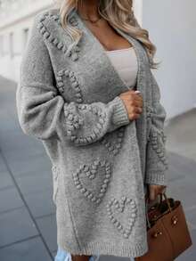 Plus Size Women Classic Solid Color Cardigan, Elegant Mature Versatile Loose Fit Open Front Long Sleeve Sweater, Autumn/Winter Fall - Light Grey - View 2