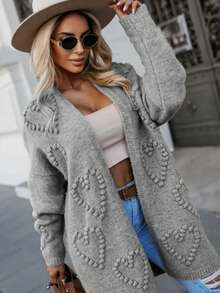 Plus Size Women Classic Solid Color Cardigan, Elegant Mature Versatile Loose Fit Open Front Long Sleeve Sweater, Autumn/Winter Fall - Light Grey - View 3