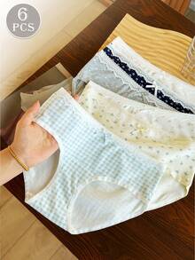 6 pièces/paquet Culottes en coton avec dentelle et nœud mignon pour filles. Slips hanches douces et confortables. - Multicolore - Voir 9