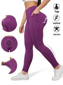 Women's Solid Color Yoga Leggings With Pockets, Tummy Control, Squat Proof, Stretchy Workout Pants - Purple - View 3