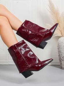 女士时尚靴子，新款秋季亮面PU尖头优雅踝靴，黑色粗跟套脚踝靴，酒红色舒适低跟派对靴，简约秋季靴，ins风靴子 - 酒紅色 - 查看 3