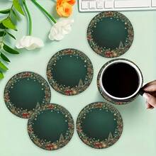 6 件套节日木制杯垫 - 绿色主题，配雪花、松树和浆果 - 适合家庭、办公室、咖啡杯装饰 - 适合节日派对和户外活动 - 送给朋友和家人的独特礼物 - 10 厘米、圣诞装饰、圣诞礼物、杯垫套装、杯垫、饮料杯垫、家用杯垫，有 1 件套或 31 件套可供选择 - 軍綠色 - 查看 4