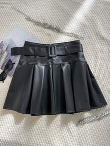 Apperloth A Y2K朋克音乐节高腰系带PU皮褶裥迷你裙音乐节黑色春季 - 黑色 - 查看 7