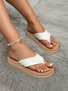 Women's Flip Flops, Thong Sandals, Beach Shoes, Summer Slippers, Brown, Camel, Beige, Wedge Heel, Platform, Summer, Beach, Wavy Stripe, Vacation, Party, Fashion-Forward, Elegant, Bohemian, Casual, Commute, Street, Woven, Outdoor, Party, Office, Beach, Resort, All Season - Beige - View 3