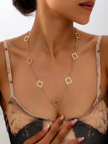 1pc 2025 New Minimalist Long Hollow Four-Leaf Clover Necklace, Elegant Gold Lucky Grass Chain Necklace For Women