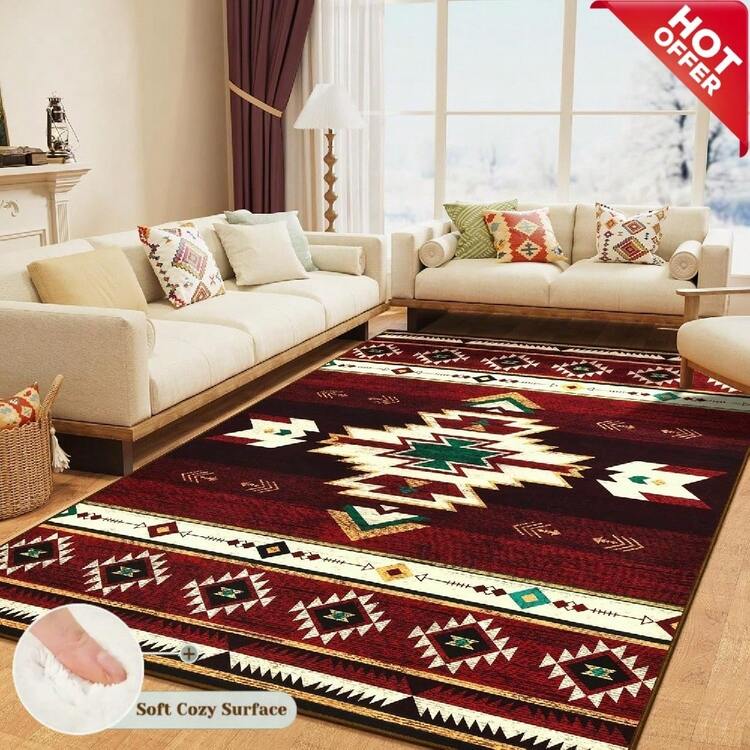 A Premium Red Retro-Style (950g/㎡) / Devore Velvet Version Of A Large-Area Carpet, The High-End Model Features High-Density Thickened Material. Adorned With Personalized Geometric Pattern Designs, This Luxurious Area Rug Perfectly Complements Various Home Decor Styles. Kitchen Rug - Multicolor - View 1