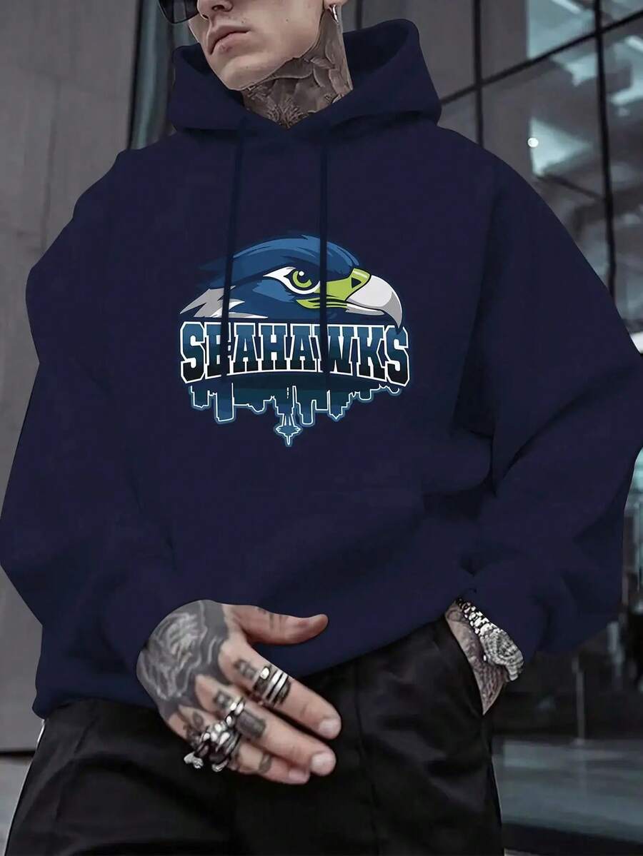 Men's Hooded Sweatshirt - Heavyweight Pullover Hoodie With Seahawks - Dark Grey & Blue Team Spirit Design - Long Sleeve Winter Warmth - Machine Washable Casual Athletic Sweater For Sports Events & Casual Attire - Geometric Print With Front Pocket - Regular Fit For Men - Suitable For Outdoor Activities & Casual Wear - Seahawks Logo & Text Design - màu đen - Xem 1
