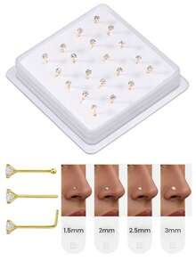 20PCS Golden Silvery Thin Nose Studs Set For Women Men 1.5mm-4mm Shiny CZ Nose Pins With L Shape, Straight, And Ball End – Nose Piercing Jewelry Case - Ball Pin - View 9