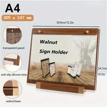 1PC Walnut Wood Base Tent Sign Holder With Metal Finish And Transparent Panel, Anti-Slip Silicone Strip, A4 Size Display For Certificates, Menus, And Signs