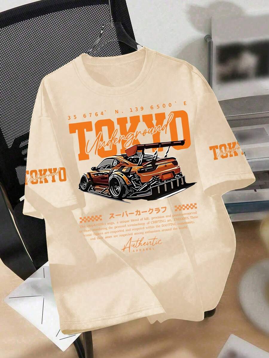 Teen Boys Tokyo Print Graphic Tee, Short Sleeve Car Print, Racing Vibe, Urban Style