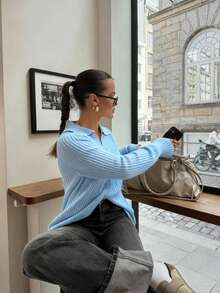 Senya 女士秋冬新款芥末黄翻领纽扣长袖针织开衫，竖条纹休闲宽松套头毛衣，日常穿着及通勤针织外套 - 藍色 - 查看 4