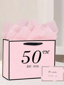 一套粉色30/40/50岁生日礼品袋，包含卡片和薄纸，男女通用，适用于1995/1985/1975年出生人士，30/40/50岁优雅粉色和黑色周年纪念派对礼品购物纸袋，用于礼品包装 - 彩色 - 查看 4