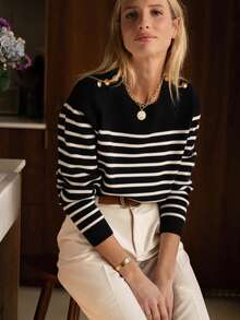 女士针织圆领长袖套头毛衣，肩部饰有纽扣，简约经典休闲风格，适合日常穿着，秋冬季女士针织衫，黑色 - 黑色 - 查看 4