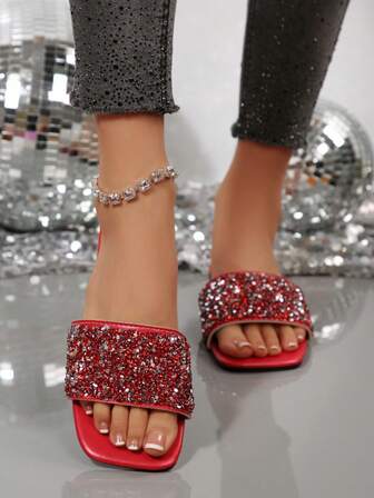 Sandalias planas de playa con abertura en los dedos, de estilo casual de unicolor con lentejuelas y cristales, al estilo europeo y del Medio Oriente, para mujer