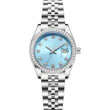 SHENGKE Women's Crystal Accented With Solid Alloy Steel Band Watch Elegant Dress Quartz Calendar Watches For Women - 銀色&天藍色 - 查看 1