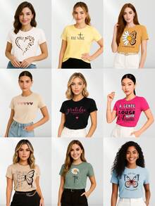 Kit 8 T-shirt Feminina Sortidas Básicas Casuais 100% Algodão Premium - Multicolorido - Visão 6