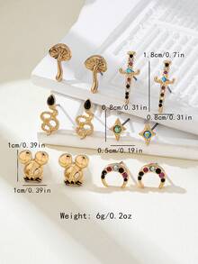 6 Pairs Vintage Colorful Rhinestone Sword, Moon, Star, Mushroom, Mouse, Snake Stud Earrings Set, Delicate & Versatile Design For Daily Wear - Multicolor - View 5