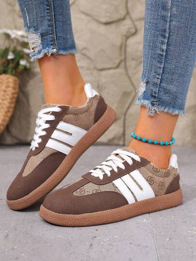 1 Pair Color Block Patchwork Preppy College Chic Lace-Up Women Shoes, Outdoor Vacation Versatile Thick Sole Sneakers, All Season Fashion