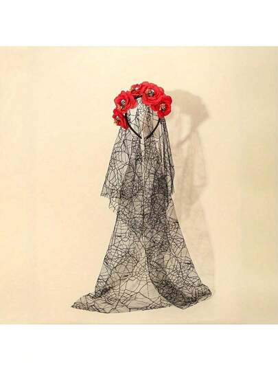 1 Piece - Red/Black - Day Of Dead Headdress - Halloween Flower Skull Headband - Spider Web Crown Party Hair Accessory